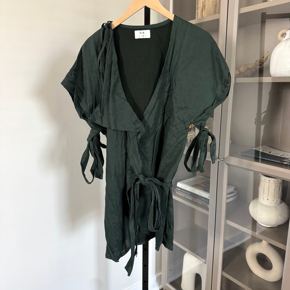 SIR. The Label Linen Green Mini Wrap Dress 2 Tie Cap Sleeve V-Neck Ruffle
